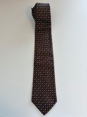 La Corona Roma 100% Silk Handmade Tie Brown Blue Geometric Pattern 4" Width Ital
